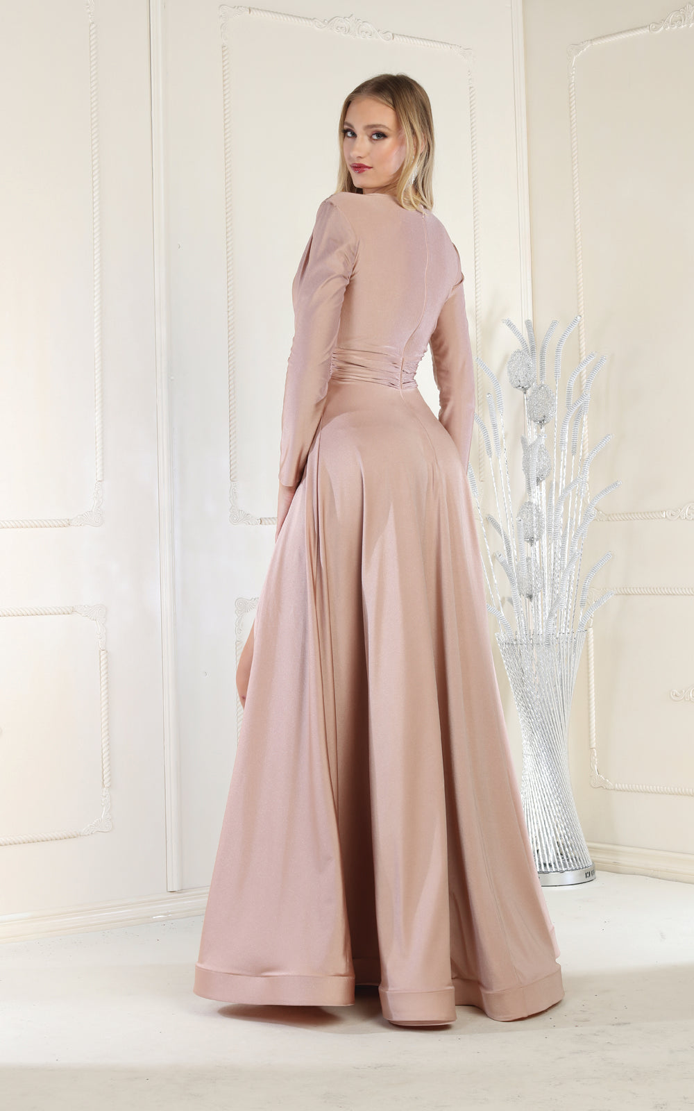 La Merchandise LA1835 V-Neck Long Sleeve Stretchy Bridesmaids Gown - - LA Merchandise