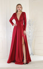La Merchandise LA1835 V-Neck Long Sleeve Stretchy Bridesmaids Gown - BURGUNDY - LA Merchandise