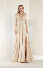 La Merchandise LA1835 V-Neck Long Sleeve Stretchy Bridesmaids Gown - CHAMPAGNE - LA Merchandise