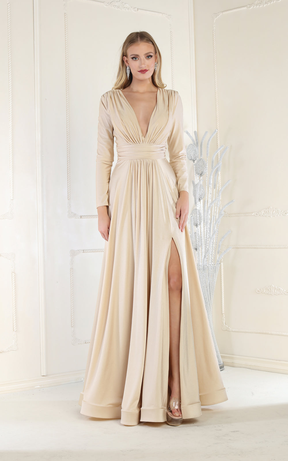 La Merchandise LA1835 V-Neck Long Sleeve Stretchy Bridesmaids Gown - CHAMPAGNE - LA Merchandise