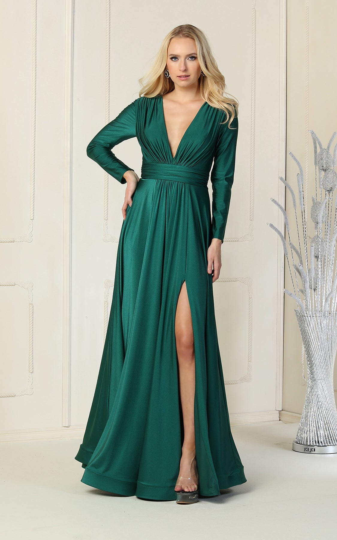 La Merchandise LA1835 V-Neck Long Sleeve Stretchy Bridesmaids Gown - HUNTER GREEN - LA Merchandise
