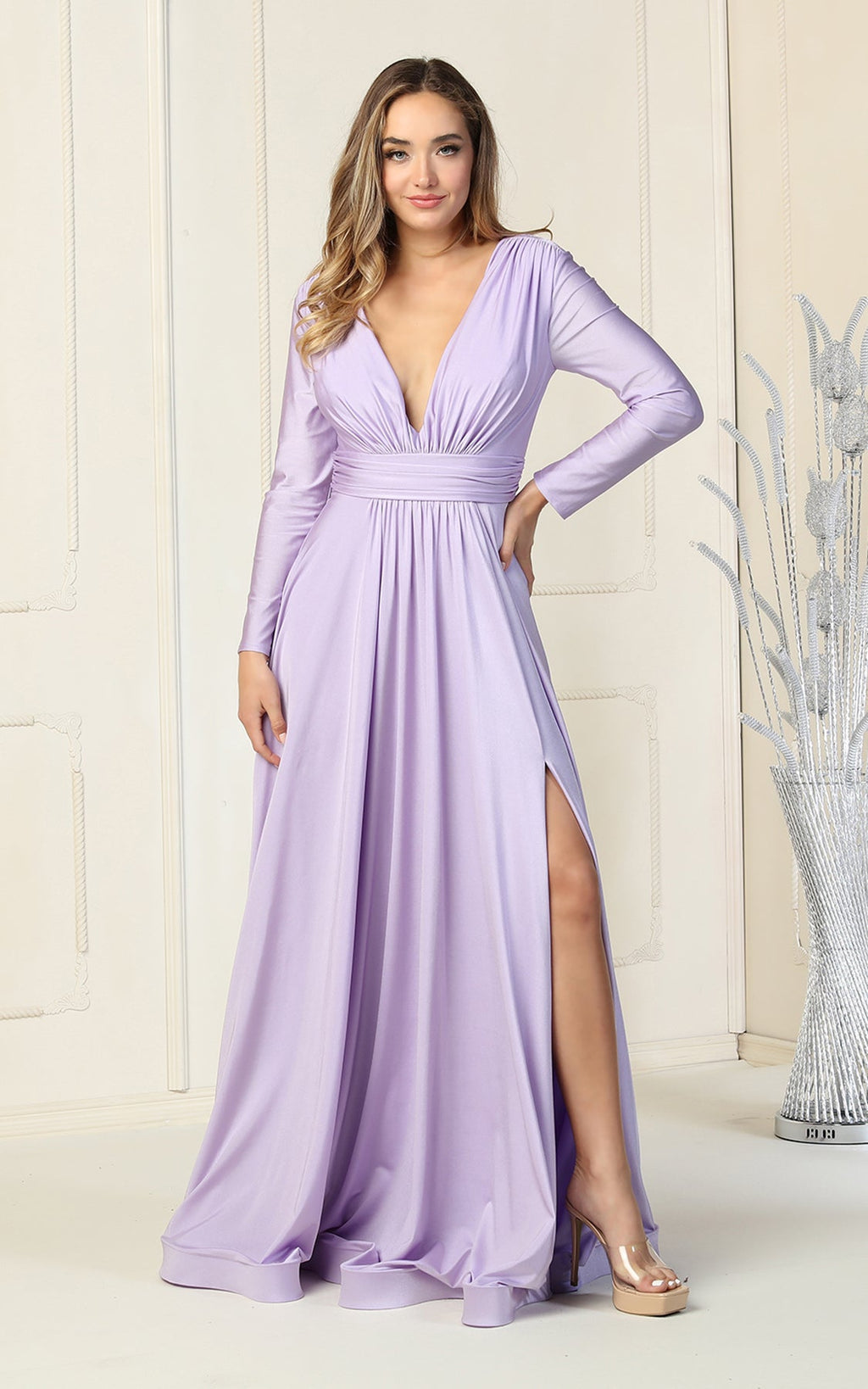 La Merchandise LA1835 V-Neck Long Sleeve Stretchy Bridesmaids Gown - LILAC - LA Merchandise