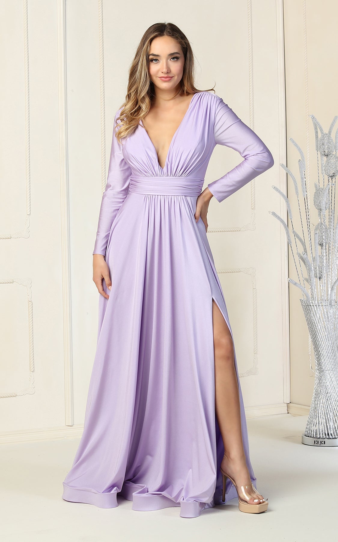 La Merchandise LA1835 V-Neck Long Sleeve Stretchy Bridesmaids Gown - LILAC - LA Merchandise
