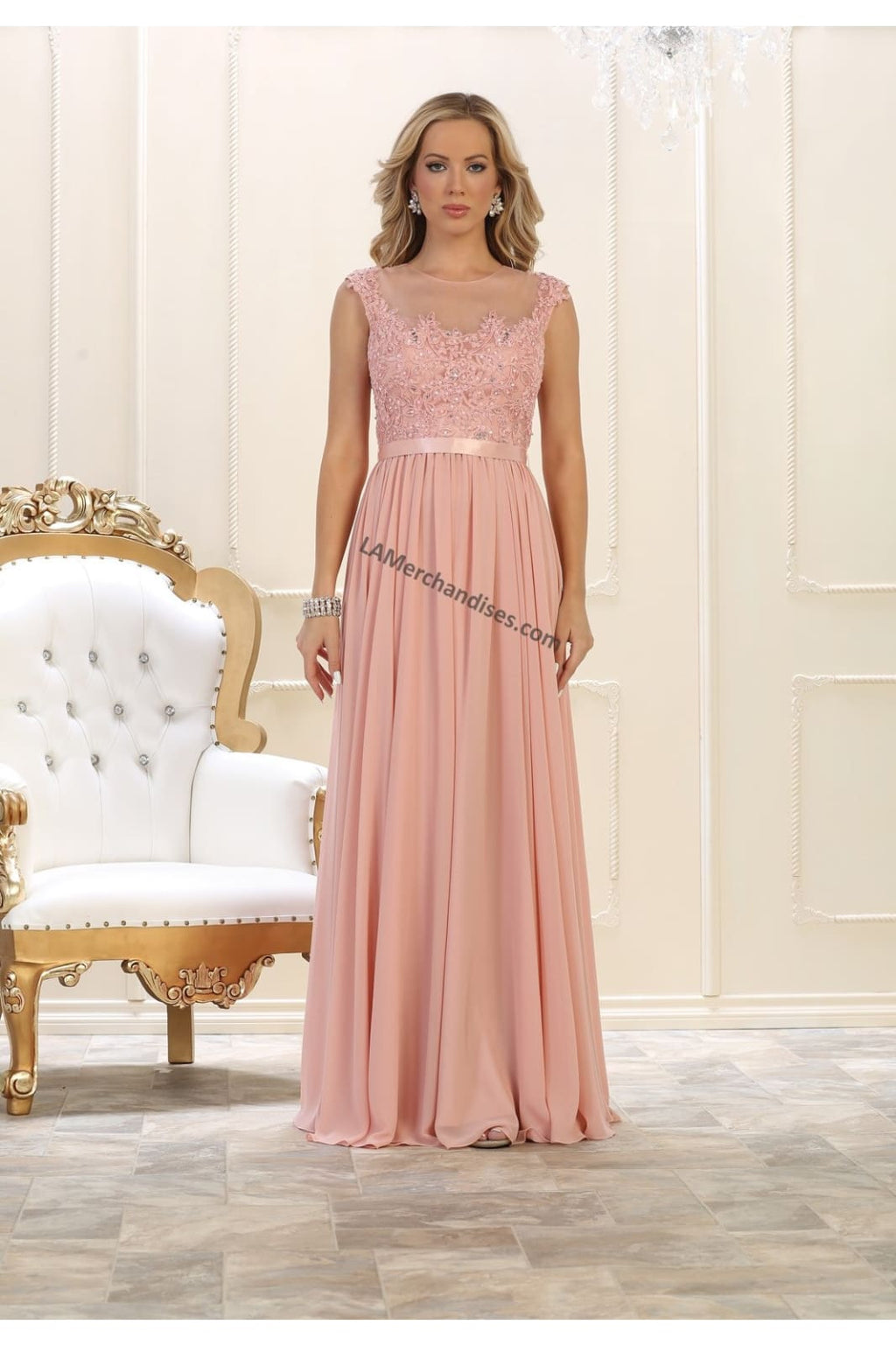 LA Merchandise LA1428 Boat Neck Cap Sleeve Formal Dress - DUSTY ROSE - LA Merchandise