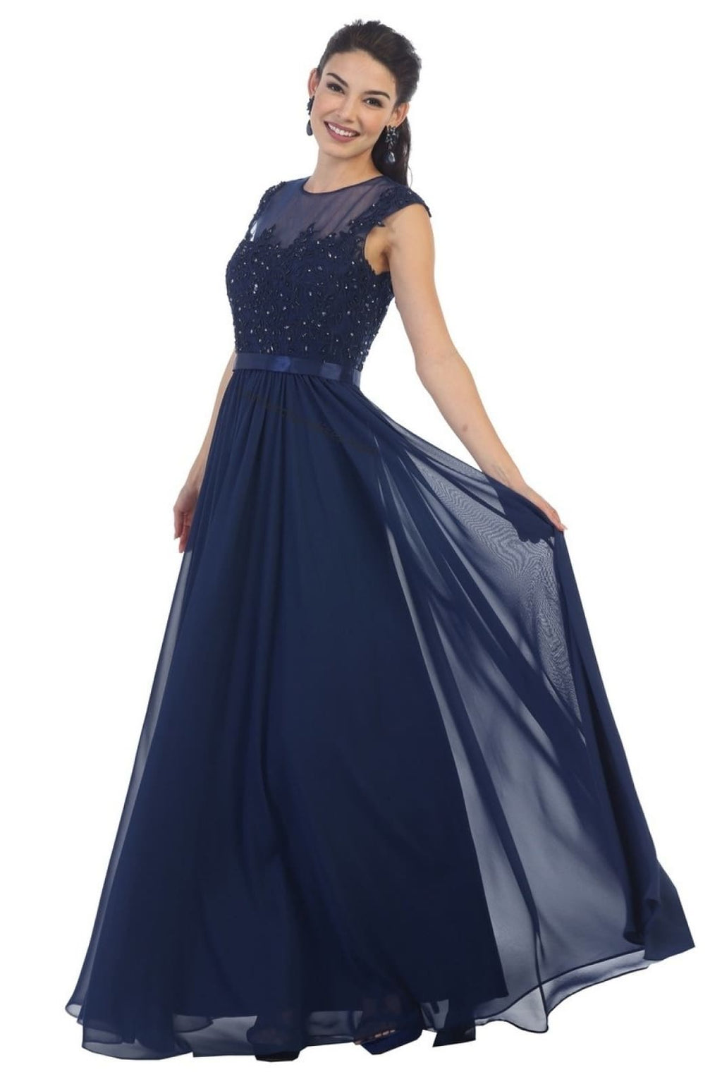 LA Merchandise LA1428 Boat Neck Cap Sleeve Formal Dress - NAVY - LA Merchandise