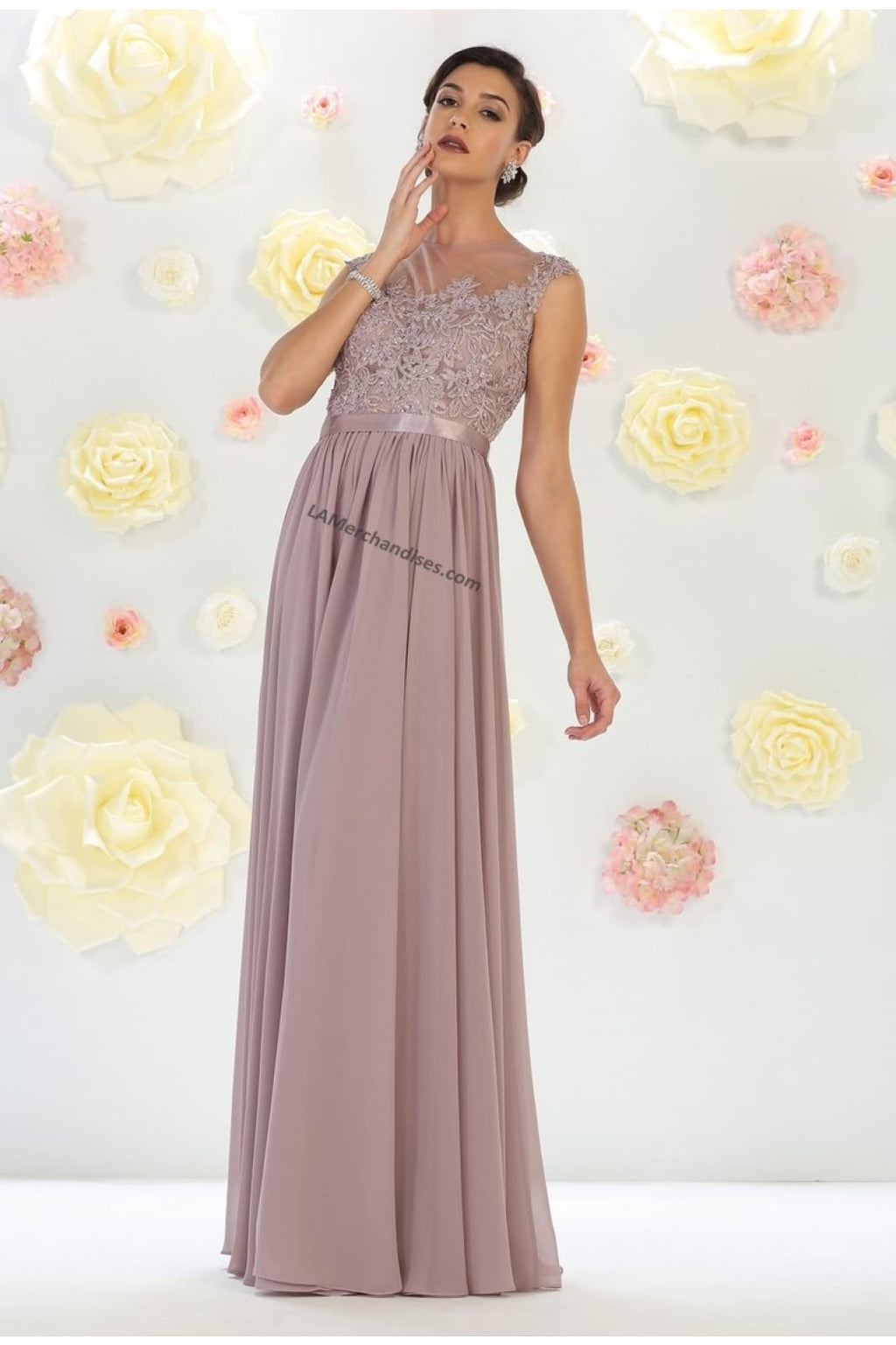 LA Merchandise LA1428 Boat Neck Cap Sleeve Formal Dress - MAUVE - LA Merchandise