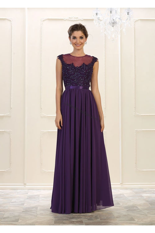 LA Merchandise LA1428 Boat Neck Cap Sleeve Formal Dress - PURPLE - LA Merchandise