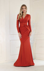 LA Merchandise LA1530 Wholesale V Neck Long Sleeve Bridesmaids Dresses - RUST - LA Merchandise