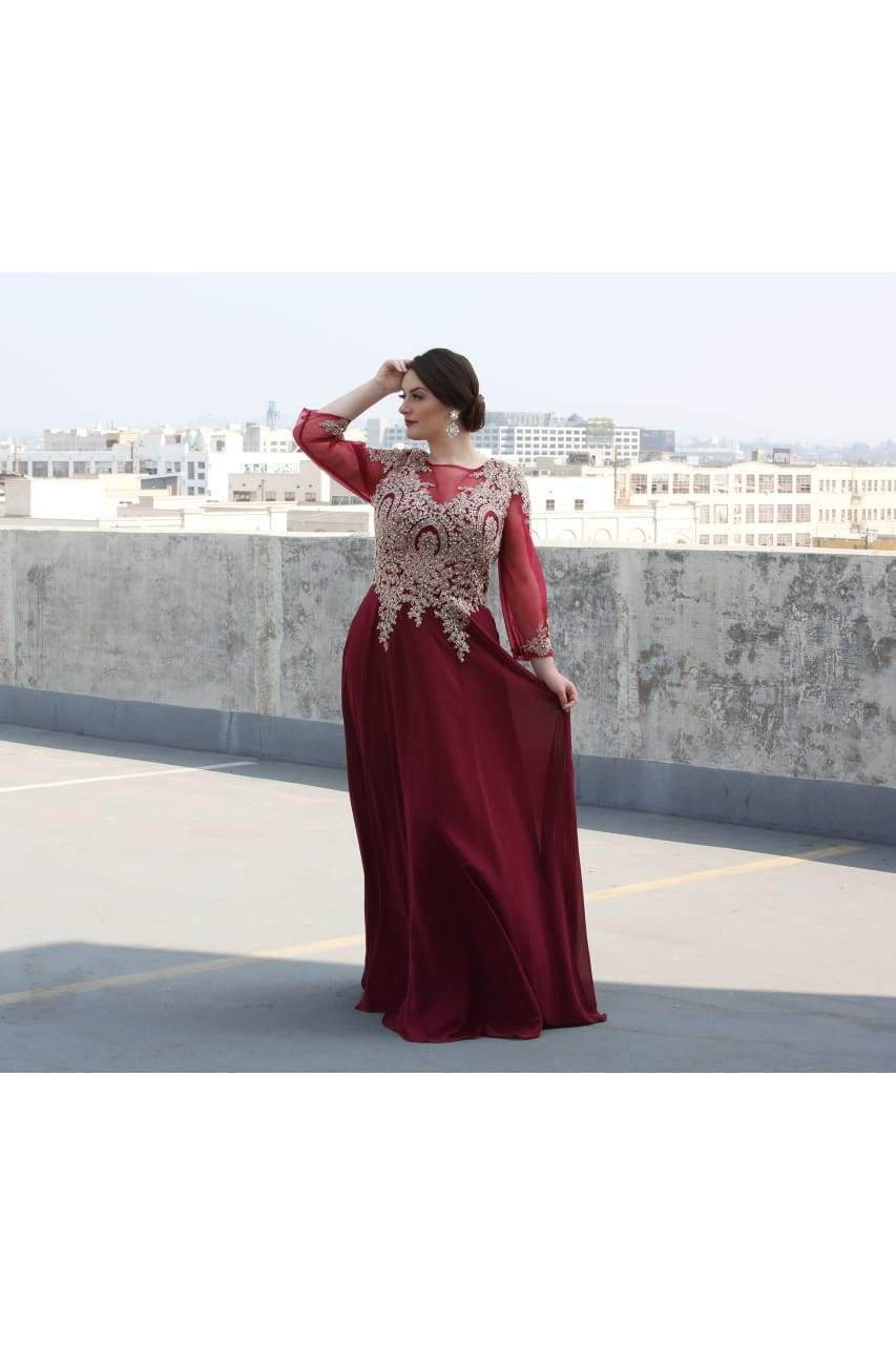 LA Merchandise LA1549 Plus Size Formal Evening Mother of Bride Gown - BURGUNDY GOLD - LA Merchandise