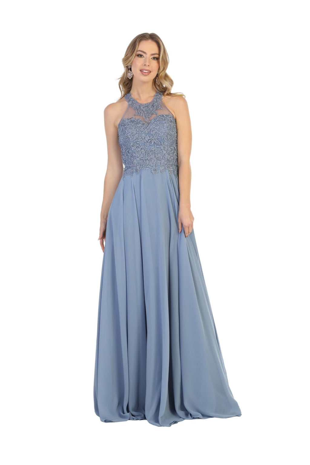 LA Merchandise LA1557 Halter A Line Open Back Wholesale Formal Dress - Dusty Blue - Dress LA Merchandise