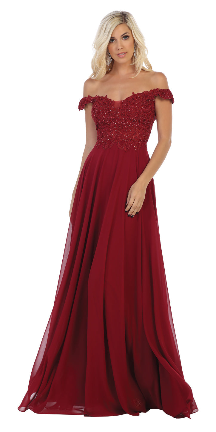 LA Merchandise LA1602 Off The Shoulder A Line Prom Dress - BURGUNDY - LA Merchandise