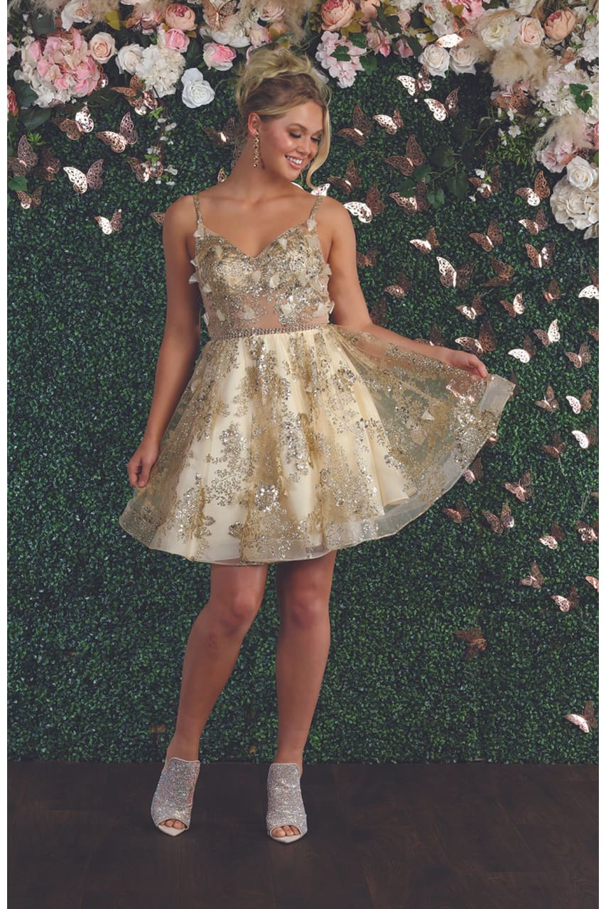 LA Merchandise LA1894 Short A-Line Floral Glitter Cocktail Party Dress - CHAMPAGNE - LA Merchandise