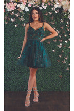LA Merchandise LA1894 Short A-Line Floral Glitter Cocktail Party Dress - HUNTER GREEN - LA Merchandise