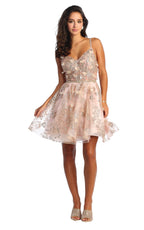LA Merchandise LA1894 Short A-Line Floral Glitter Cocktail Party Dress - ROSE GOLD - LA Merchandise