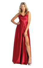 LA Merchandise LA1901 Long Slit Scoop Neck Bridesmaids Satin Dress - BURGUNDY - LA Merchandise