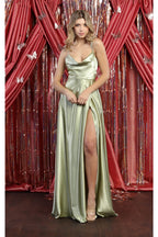 LA Merchandise LA1901 Long Slit Scoop Neck Bridesmaids Satin Dress - SAGE - LA Merchandise
