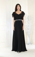 LA Merchandise LA1972 V-Neck Bell Sleeve Chiffon A-Line Formal Dress - BLACK - Dress LA Merchandise