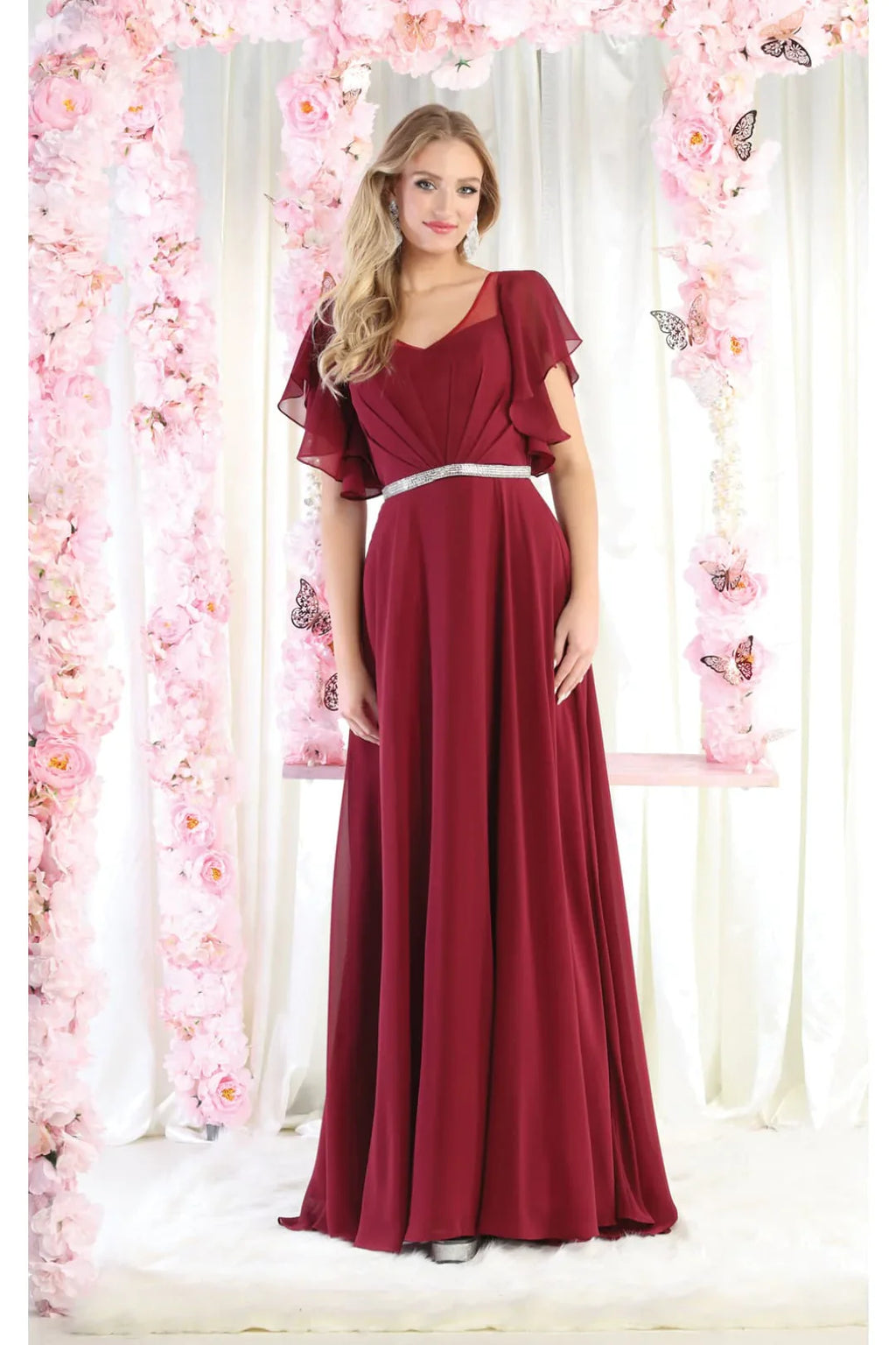 LA Merchandise LA1972 V-Neck Bell Sleeve Chiffon A-Line Formal Dress - BURGUNDY - Dress LA Merchandise