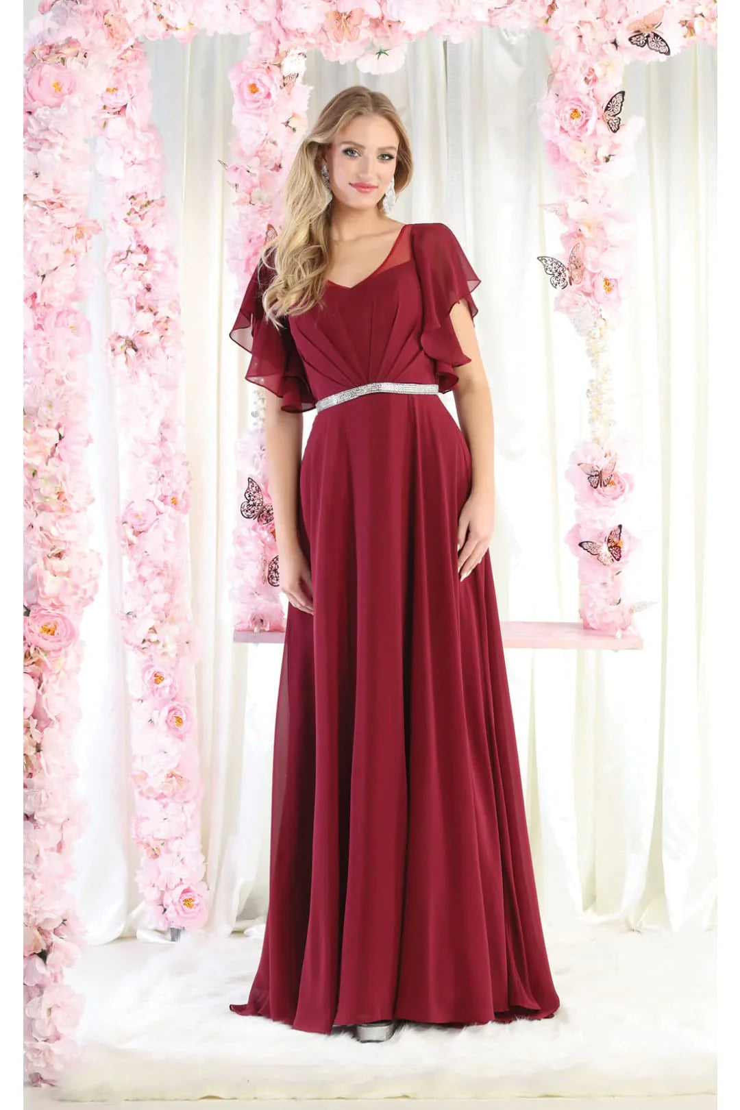 LA Merchandise LA1972 V-Neck Bell Sleeve Chiffon A-Line Formal Dress - BURGUNDY - Dress LA Merchandise