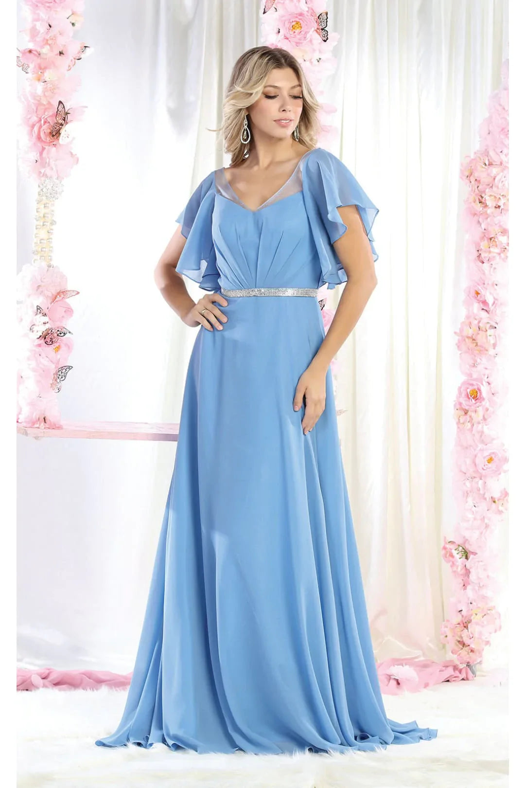 LA Merchandise LA1972 V-Neck Bell Sleeve Chiffon A-Line Formal Dress - DUSTY BLUE - Dress LA Merchandise