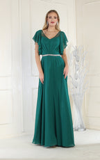 LA Merchandise LA1972 V-Neck Bell Sleeve Chiffon A-Line Formal Dress - HUNTER GREEN - Dress LA Merchandise