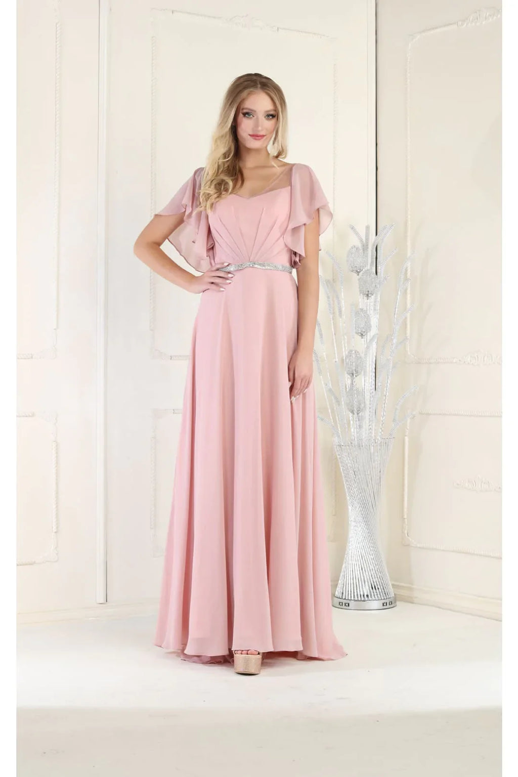LA Merchandise LA1972 V-Neck Bell Sleeve Chiffon A-Line Formal Dress - DUSTY ROSE - Dress LA Merchandise