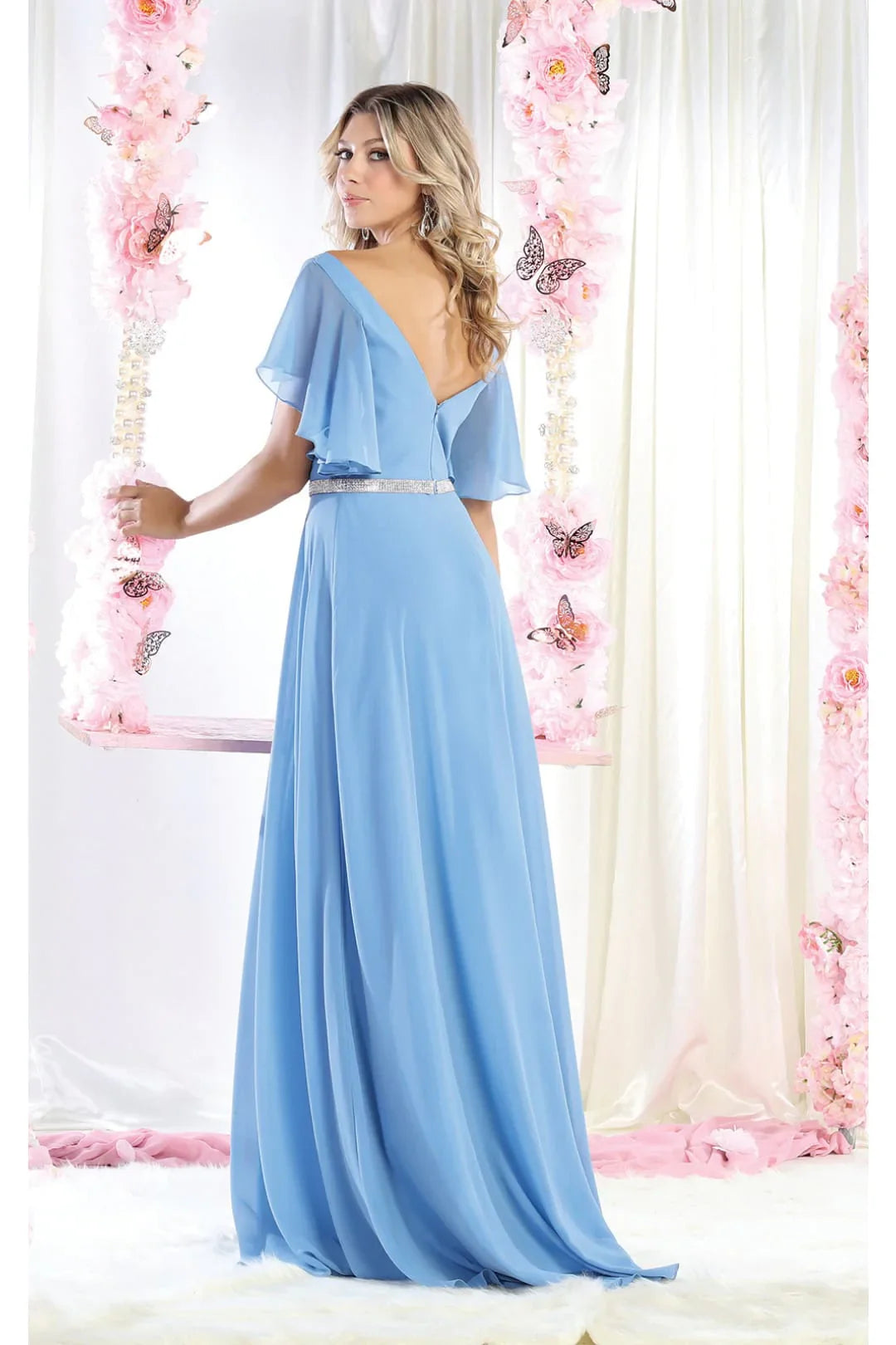 LA Merchandise LA1972 V-Neck Bell Sleeve Chiffon A-Line Formal Dress - - Dress LA Merchandise