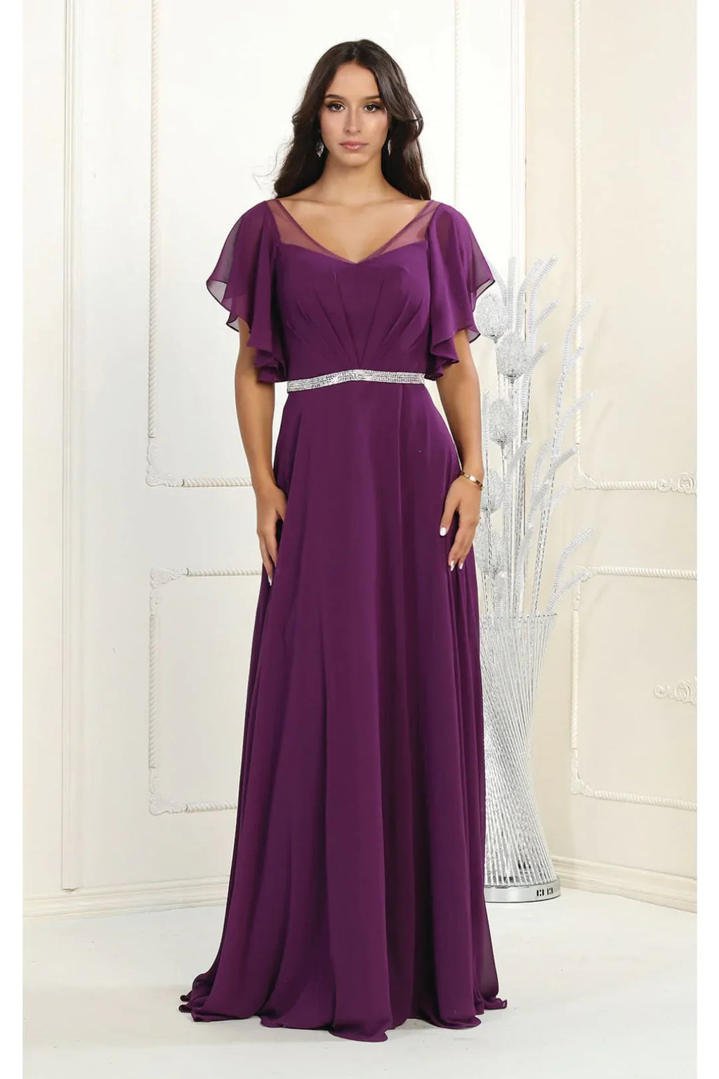 LA Merchandise LA1972 V-Neck Bell Sleeve Chiffon A-Line Formal Dress - EGGPLANT - Dress LA Merchandise