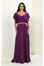 LA Merchandise LA1972 V-Neck Bell Sleeve Chiffon A-Line Formal Dress - EGGPLANT - Dress LA Merchandise