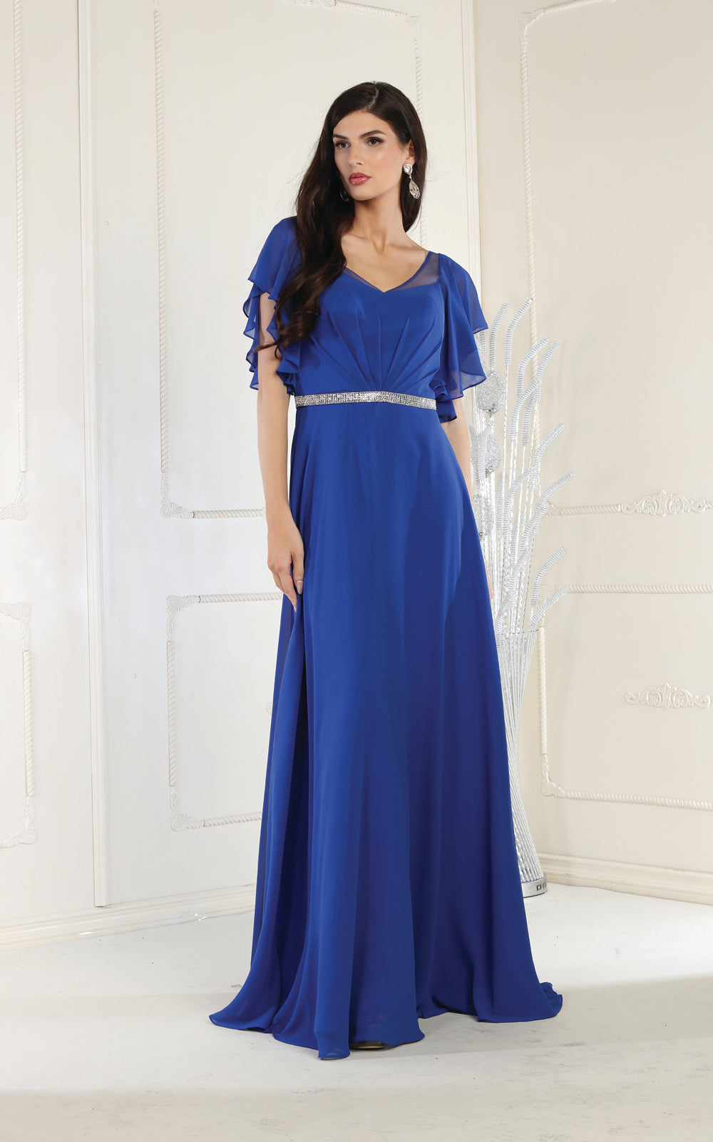 LA Merchandise LA1972 V-Neck Bell Sleeve Chiffon A-Line Formal Dress - ROYAL - Dress LA Merchandise