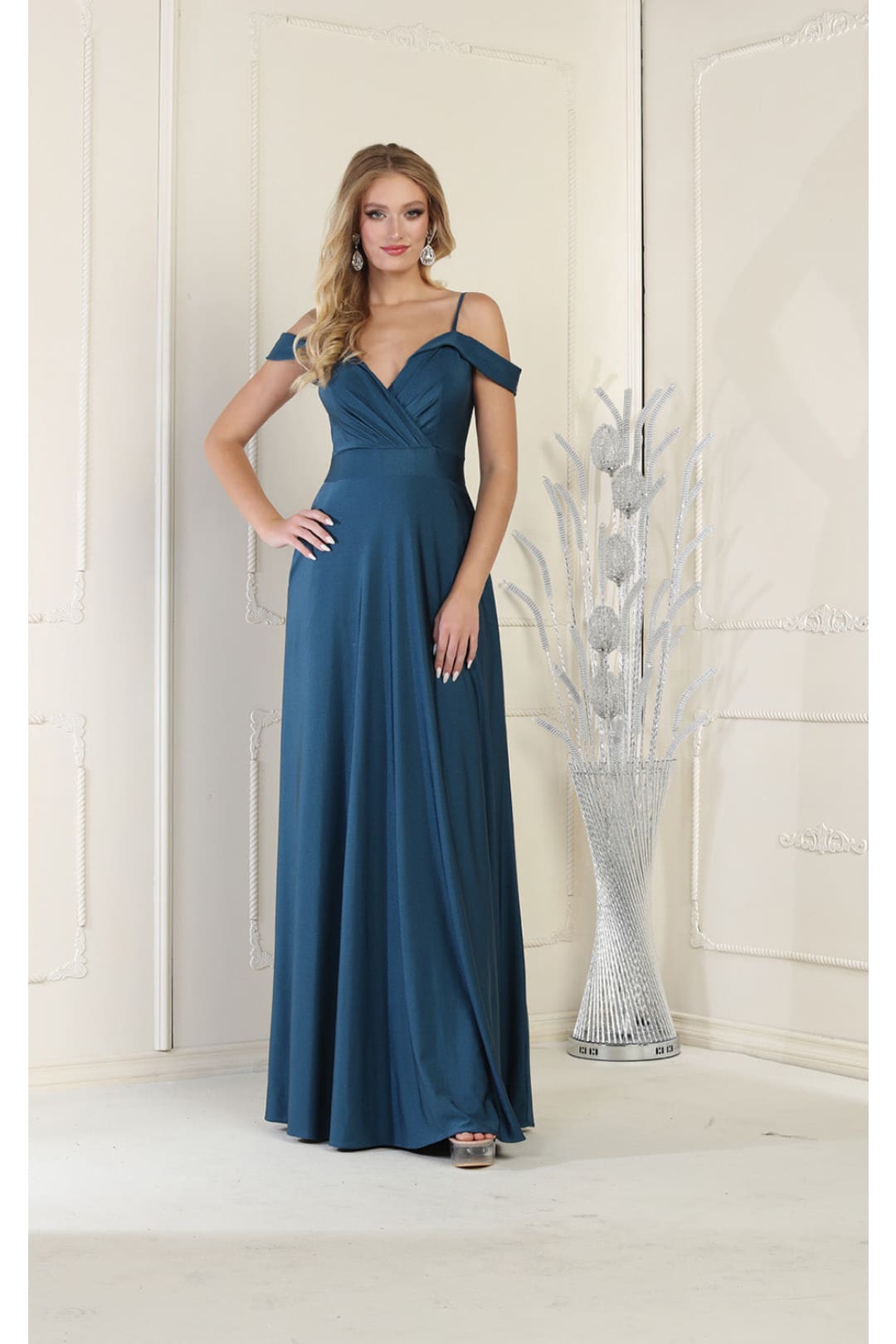 LA Merchandise LA1988 V-Neck Cold Shoulder Ruched A-Line Bridesmaid Gown - TEAL BLUE - Dress LA Merchandise