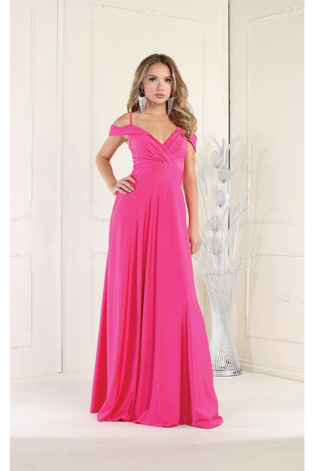 LA Merchandise LA1988 V-Neck Cold Shoulder Ruched A-Line Bridesmaid Gown - FUCHSIA - Dress LA Merchandise