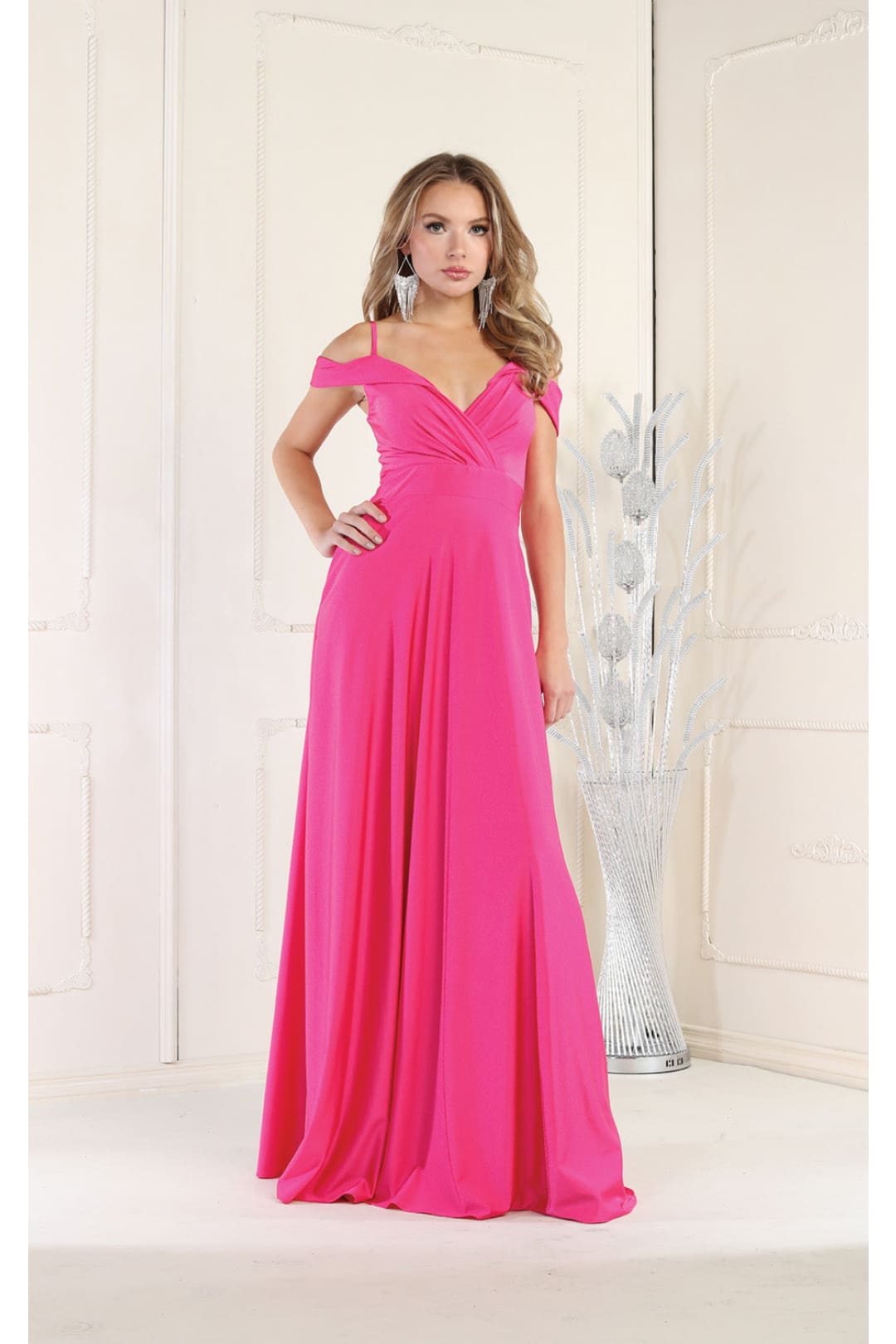 LA Merchandise LA1988 V-Neck Cold Shoulder Ruched A-Line Bridesmaid Gown - FUCHSIA - Dress LA Merchandise