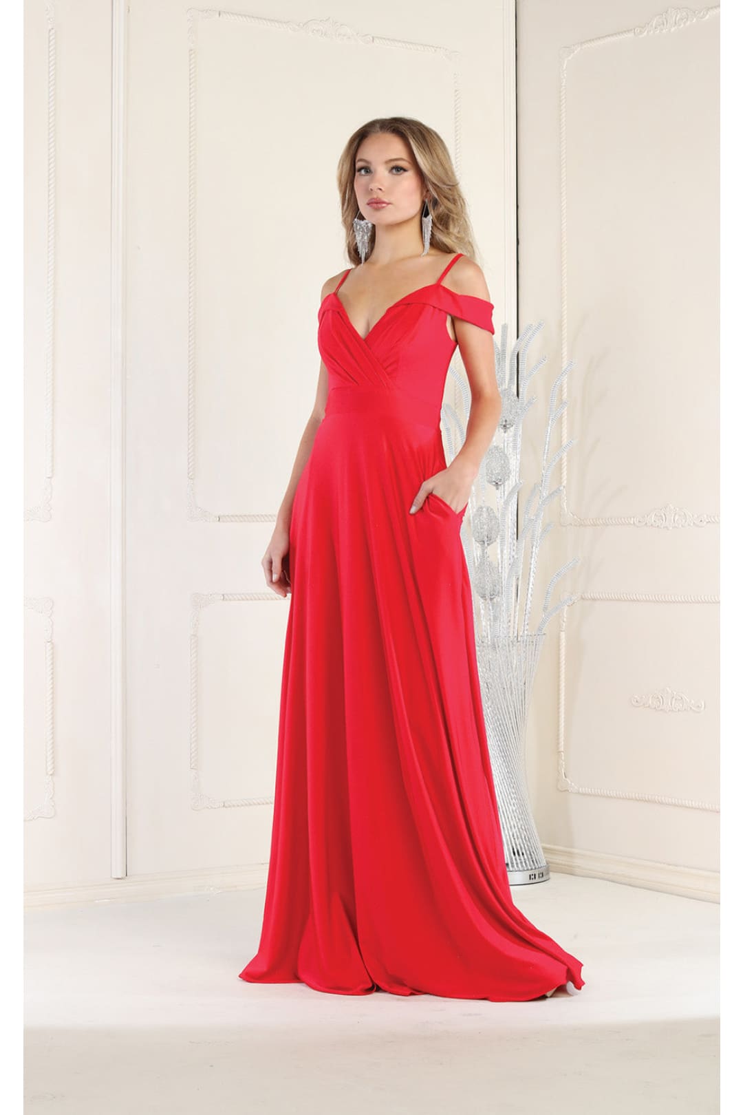 LA Merchandise LA1988 V-Neck Cold Shoulder Ruched A-Line Bridesmaid Gown - RED - Dress LA Merchandise