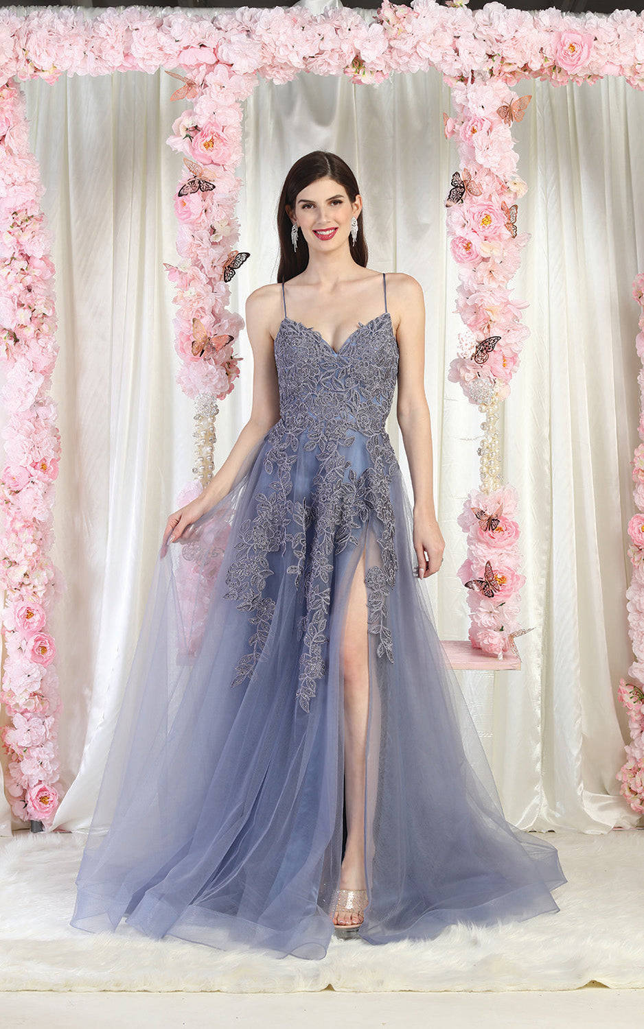 LA Merchandise LA2013 Embroidered Tulle Prom Gown - DUSTY BLUE - Dress LA Merchandise