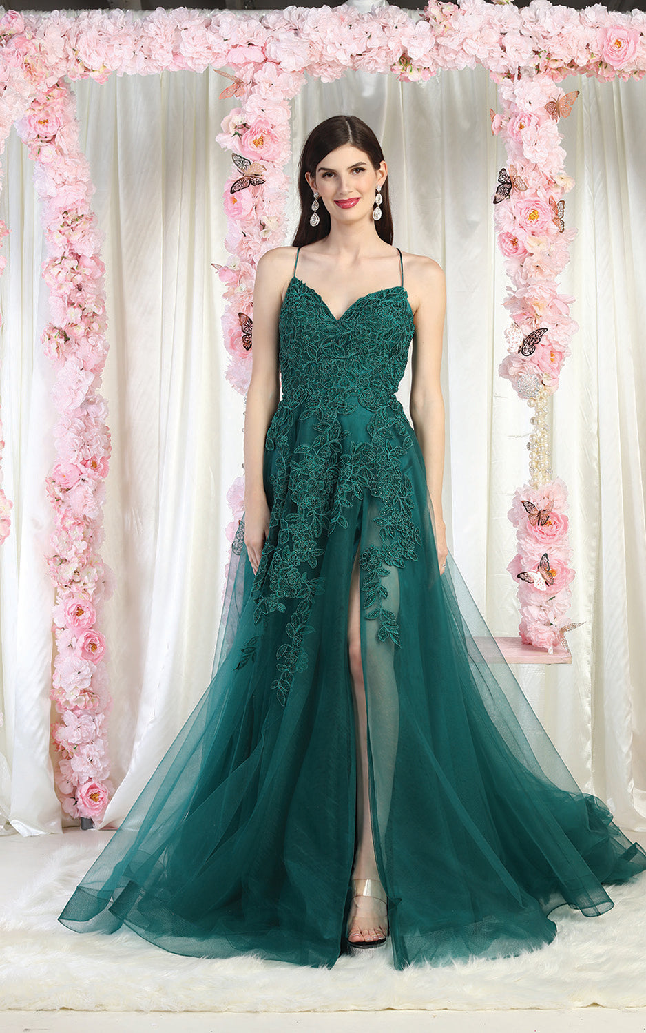 LA Merchandise LA2013 Embroidered Tulle Prom Gown - HUNTER GREEN - Dress LA Merchandise