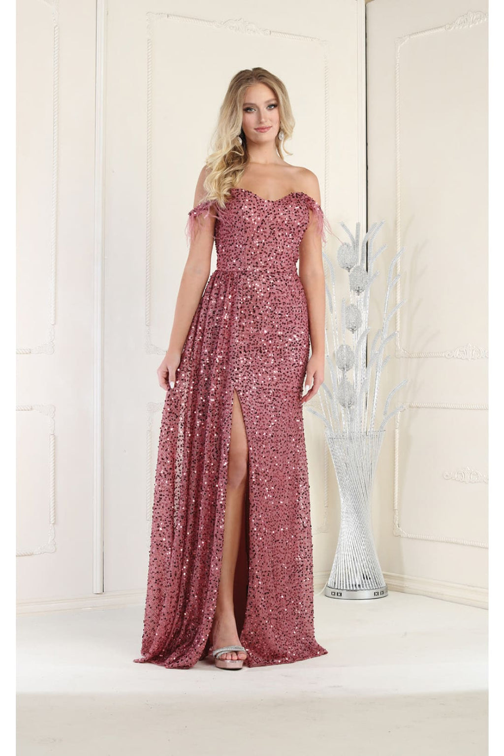 LA Merchandise LA7988 Off Shoulder Sequin Formal Evening Dress - MAUVE - Dress LA Merchandise