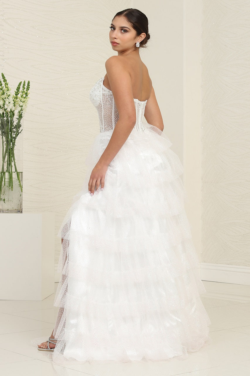 LA Merchandise LA8142B Ruffle Corset White Layered Bridal Slit Gown - - Dress LA Merchandise