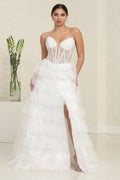 LA Merchandise LA8142B Ruffle Corset White Layered Bridal Slit Gown - WHITE - Dress LA Merchandise