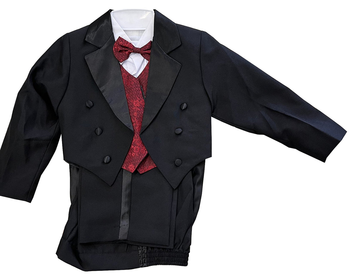 LA Merchandise LAGSS8209 5pcs. Classic Boys Tuxedo With Tail - Black Burgundy - Boys suits LA Suits