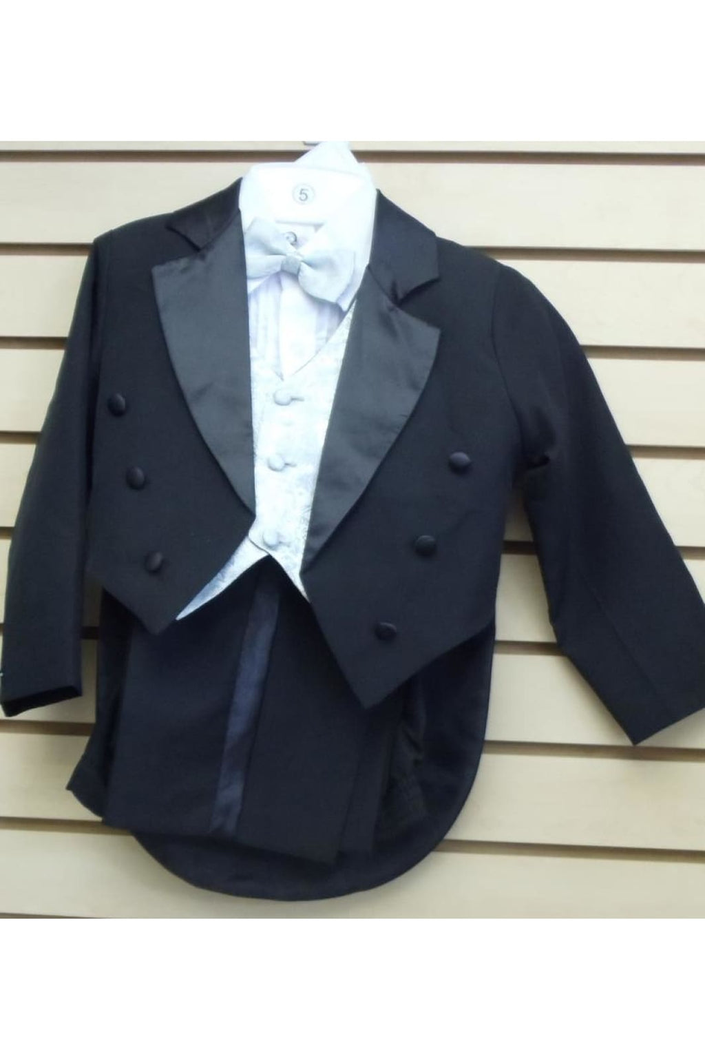 LA Merchandise LAGSS8214 5 piece boys tuxedo with tail & color vest & bow - Black Silver - Boys suits LA Suits