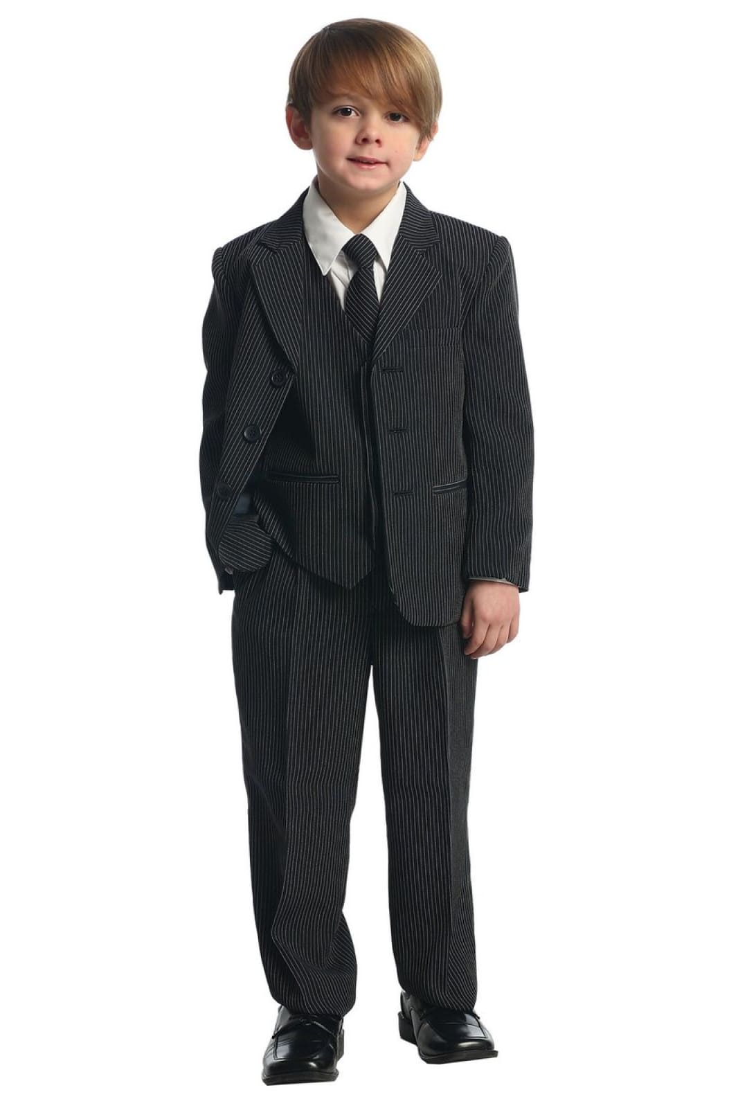LA Merchandise LAGSS8221 5 Piece Boy Striped Suit with Vest & Tie - Black Stripes - Boys suits LA Suits