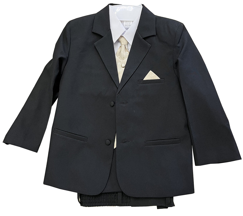 LA Merchandise LAGSS8225 Handsome 5 piece Boys Suit Set with Tie & Vest - Black Gold - Boys suits LA Suits