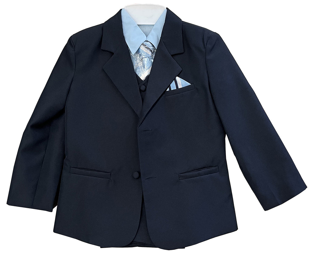 LA Merchandise LAGSS8225 Handsome 5 piece Boys Suit Set with Tie & Vest - Black Light Blue - Boys suits LA Suits