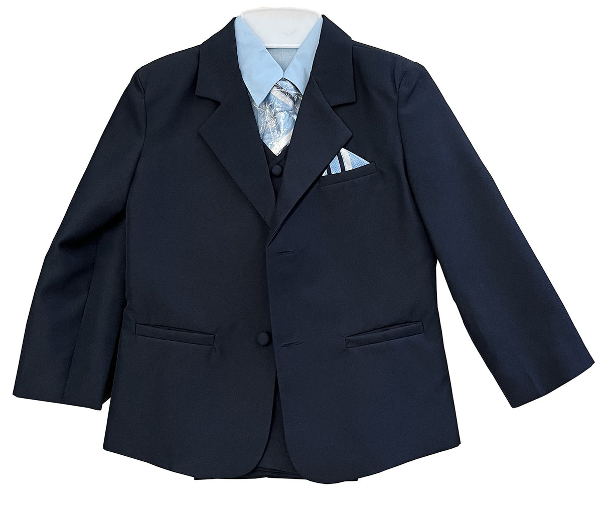 LA Merchandise LAGSS8225 Handsome 5 piece Boys Suit Set with Tie & Vest - Black Light Blue - Boys suits LA Suits