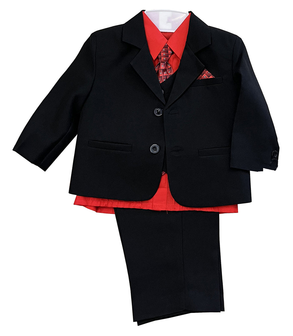 LA Merchandise LAGSS8225 Handsome 5 piece Boys Suit Set with Tie & Vest - Black Red - Boys suits LA Suits