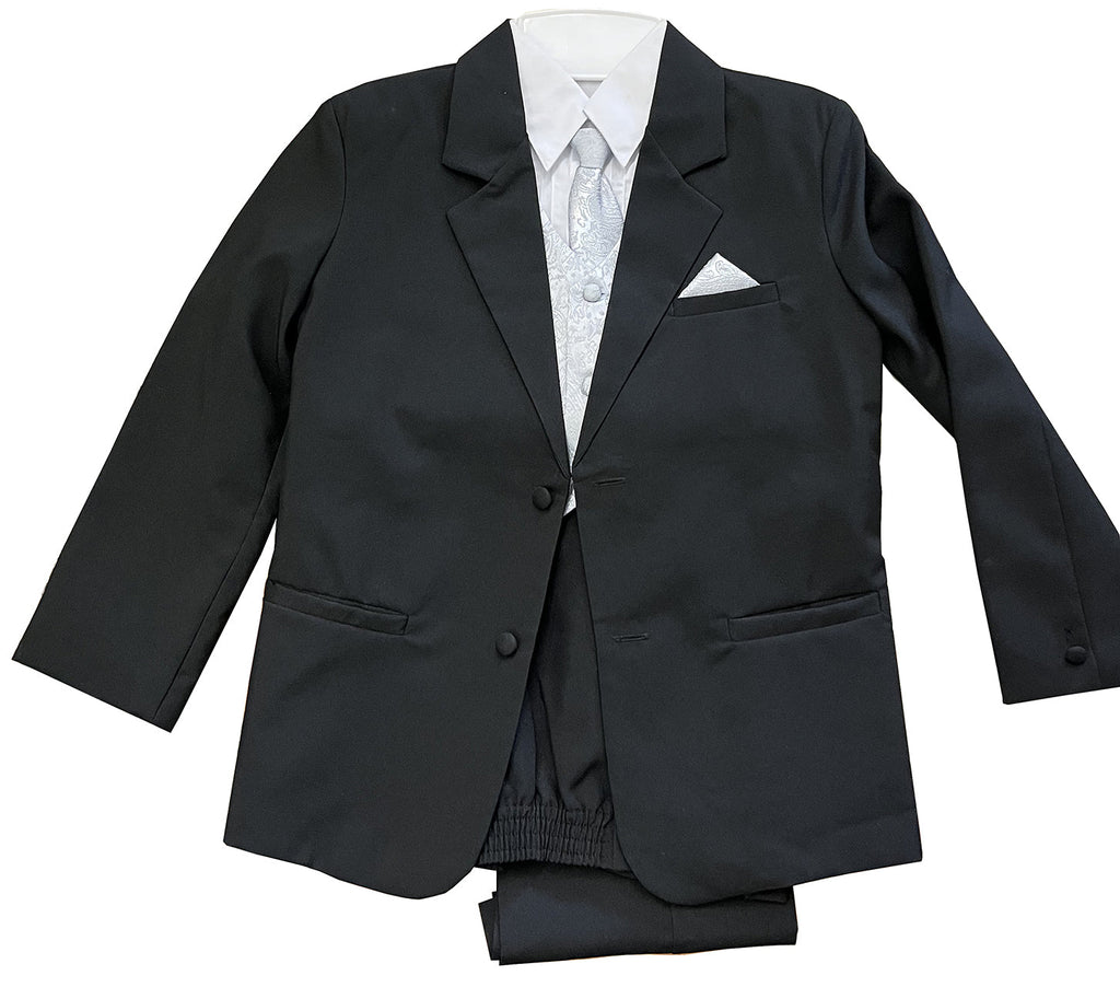 LA Merchandise LAGSS8225 Handsome 5 piece Boys Suit Set with Tie & Vest - Black Silver - Boys suits LA Suits