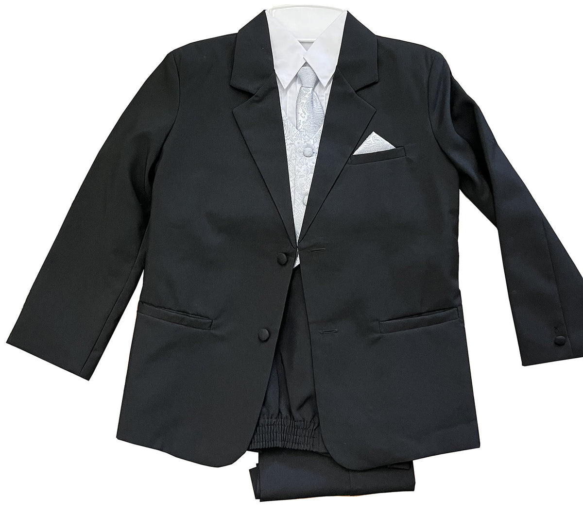 LA Merchandise LAGSS8225 Handsome 5 piece Boys Suit Set with Tie & Vest - Black Silver - Boys suits LA Suits