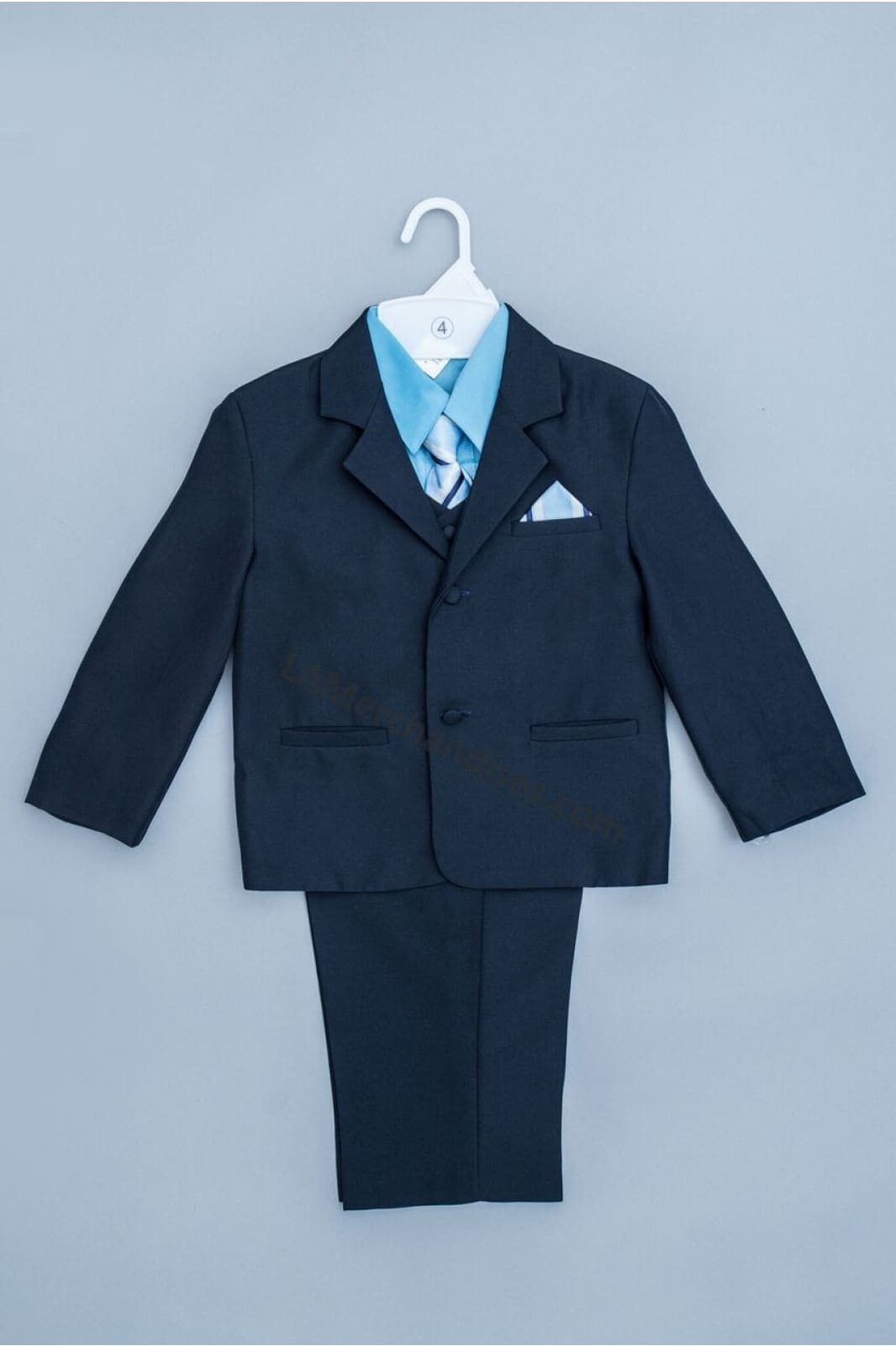 LA Merchandise LAGSS8225 Handsome 5 piece Boys Suit Set with Tie & Vest - Navy Turquise - Boys suits LA Suits