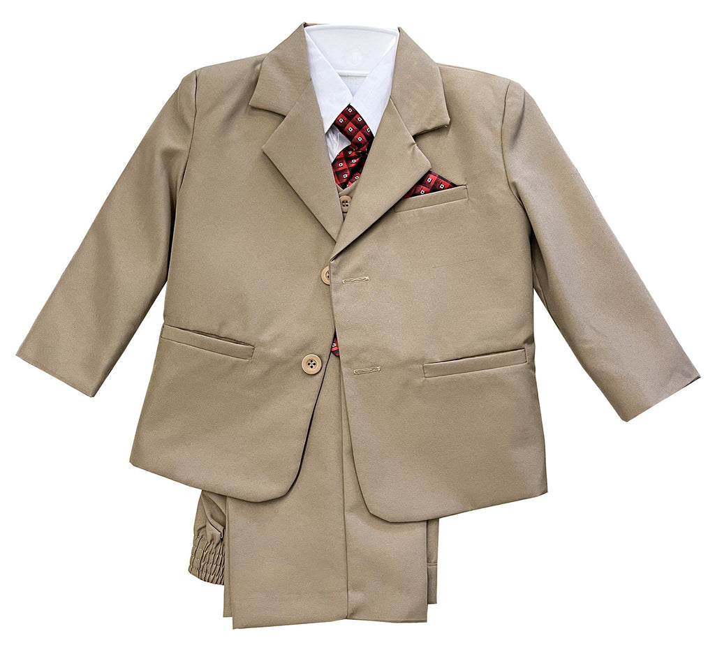 LA Merchandise LAGSS8226J 5 piece Classic Boys Solid Suit Set - BEIGE RED - Boys suits LA Suits